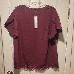 BloomChic Plum Ruffle Sleeve Blouse